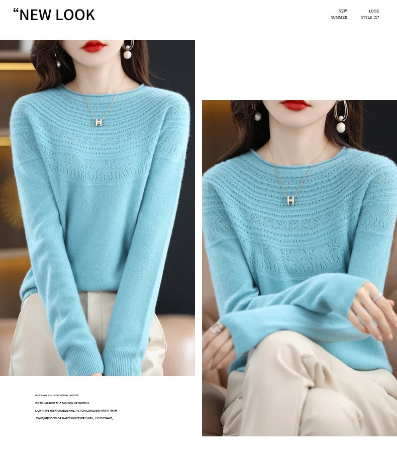 100% Merino Wool Knitted Sweater Autumn/Winter 2024 New Women's Round Neck Hollow Top 11 Color Pullover Versatile Coat NJR1107