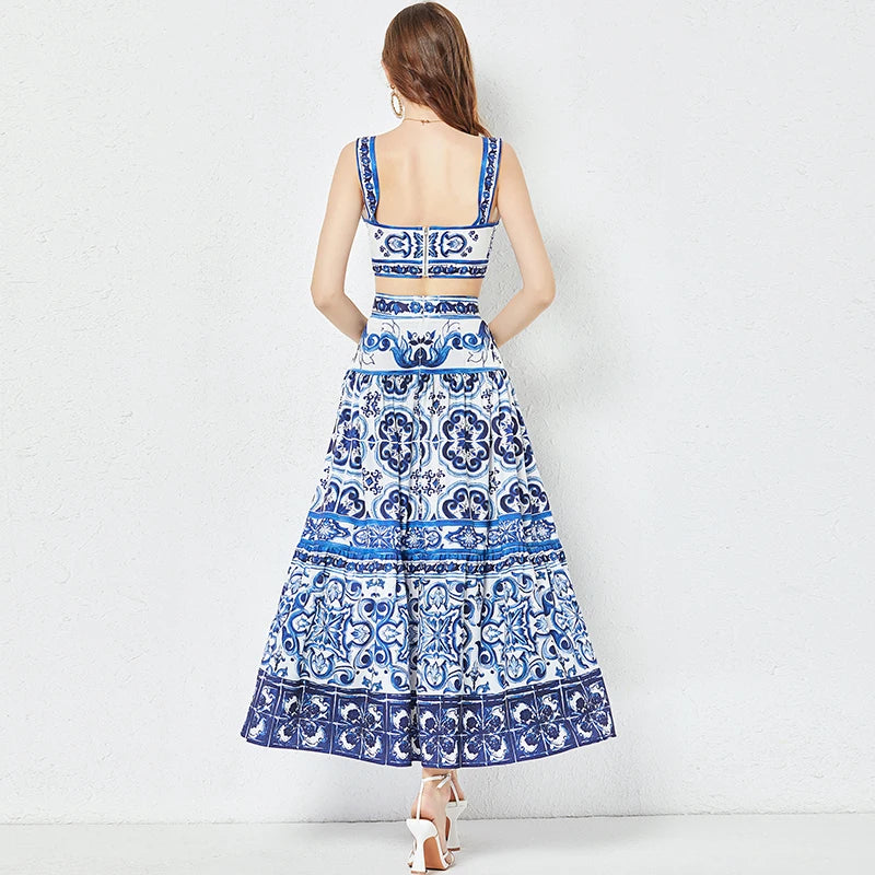 Summer Runway Blue And White Porcelain Two Piece Set Women Flower Print Short Crop Top + Holiday Beach Maxi Skirt Suits