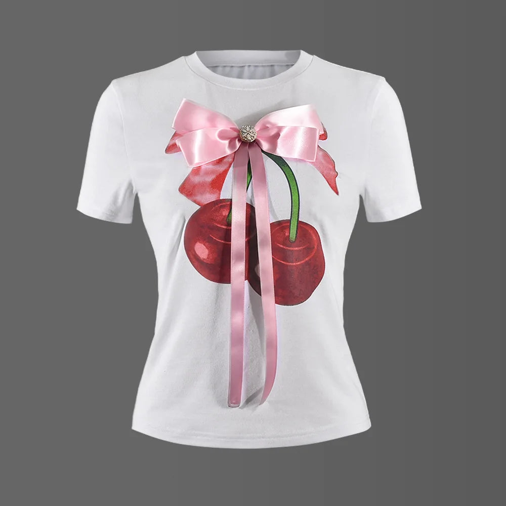 Joskaa Fashion Print Bow Decorate White T-Shirts Women Hipster O-Neck Short Sleeve Slim Tops 2024 Summer Graphic Tees Streetwear