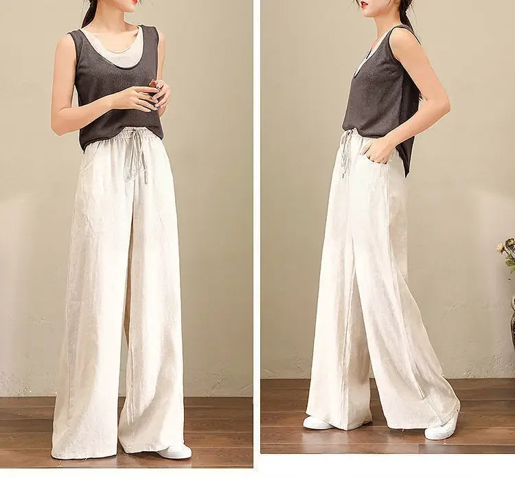 Wide Leg Pure Color Linen Pants For Women High Waist Drawstring Loose Fit Cotton Linen Trousers Plus Size White Long Pants