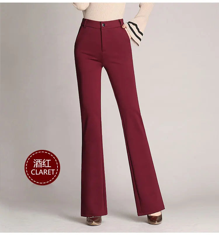 Autumn Winter Women's Pants Solid Casual Front Zipper Flared Pants OL Ladies Career Long Trousers Elegant High Waist Work Pant