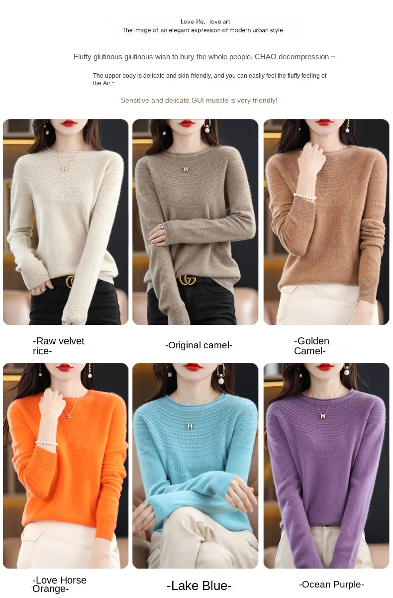 100% Merino Wool Knitted Sweater Autumn/Winter 2024 New Women's Round Neck Hollow Top 11 Color Pullover Versatile Coat NJR1107