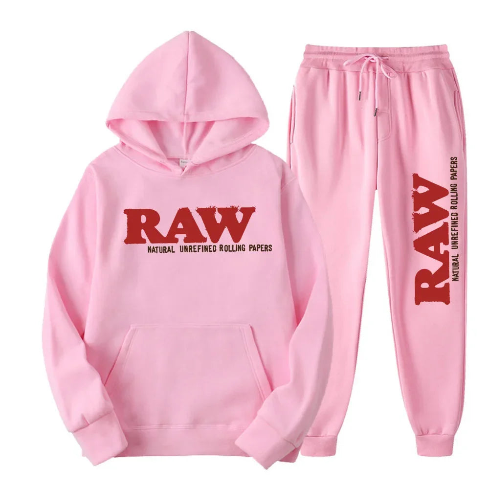 RAW Men's Set Hooded Fleece Hoodie Sweatpants Running Men's Two Pieces Set Autumn Winter Casual Woolen Sportswear Comfortable