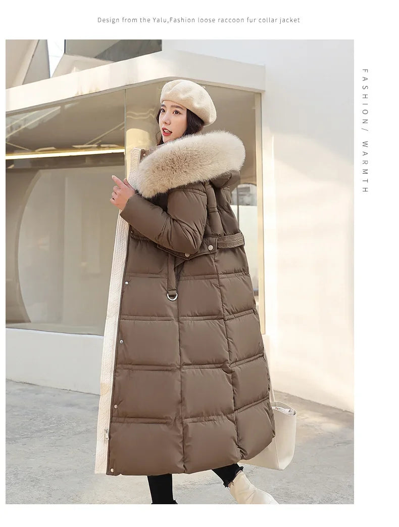 2024 Winter New Down Cotton Parkas Jacket Women's X-Long Faux Fur Collar Padded Jacket Thick Loose Large Size Padded Jacket