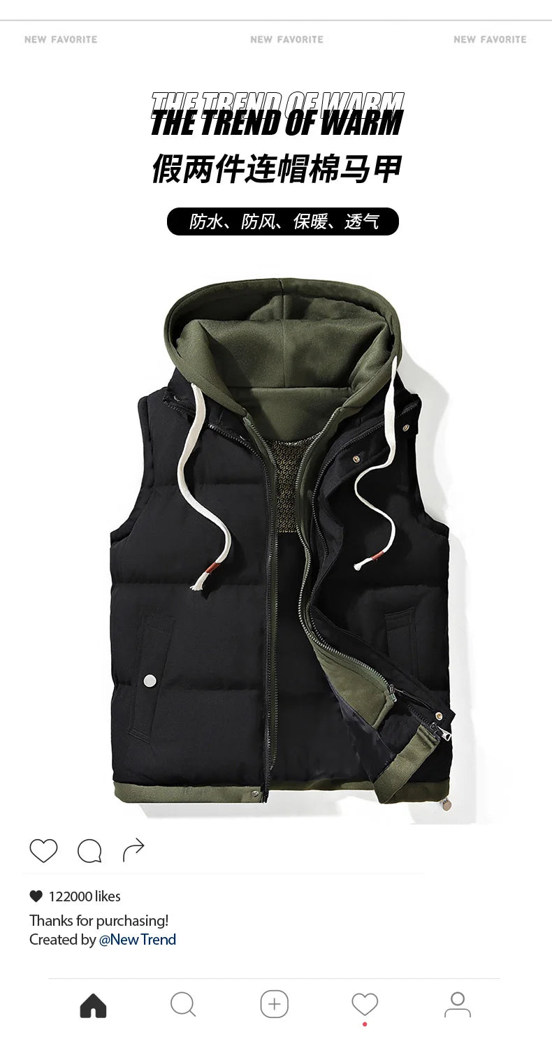 Autumn and winter down cotton vest for men and women, versatile, loose, trendy brand, fake two-piece vest, cotton jacket