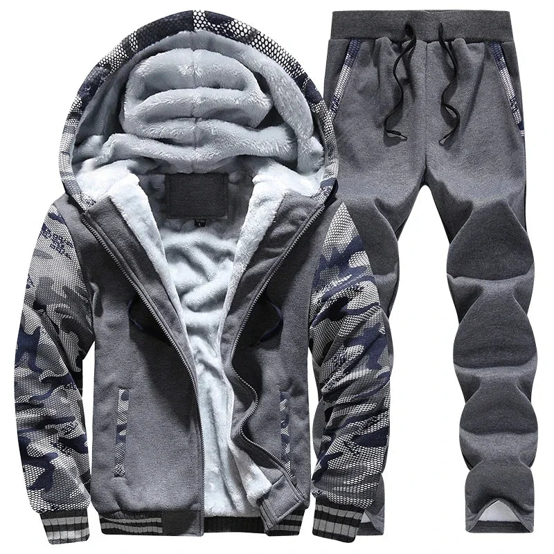 New Winter Fleece Thicken Men's Two-piece Zipper Sports Set Hooded Thermal Suit Casual Oversized Tracksuit 4XL 5XL Funny Suit