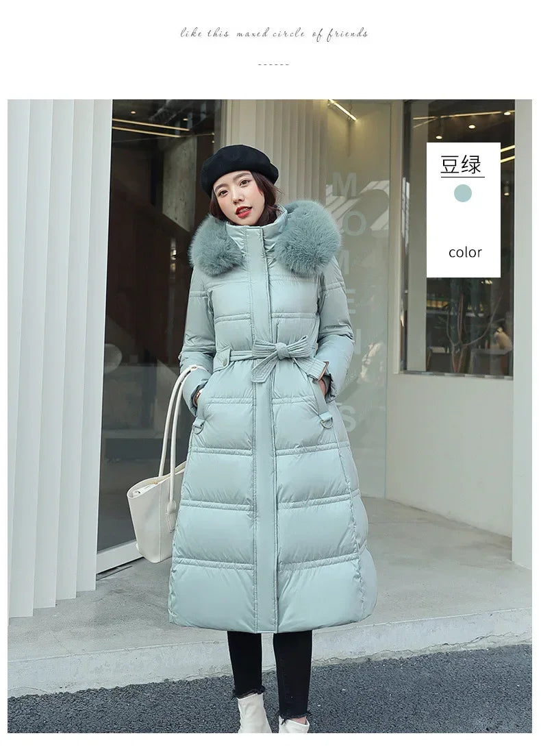 2024 Winter New Down Cotton Parkas Jacket Women's X-Long Faux Fur Collar Padded Jacket Thick Loose Large Size Padded Jacket