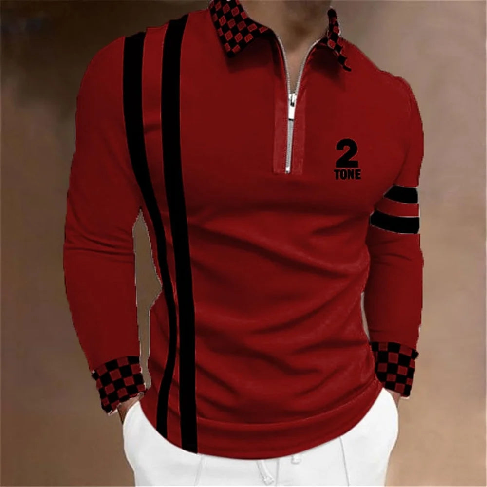 2024 New Fashion Men Long Sleeve Zipper Polo Shhirt , Abstract Appare  Men Casual Large Size Lapel Print Polo Shirt .