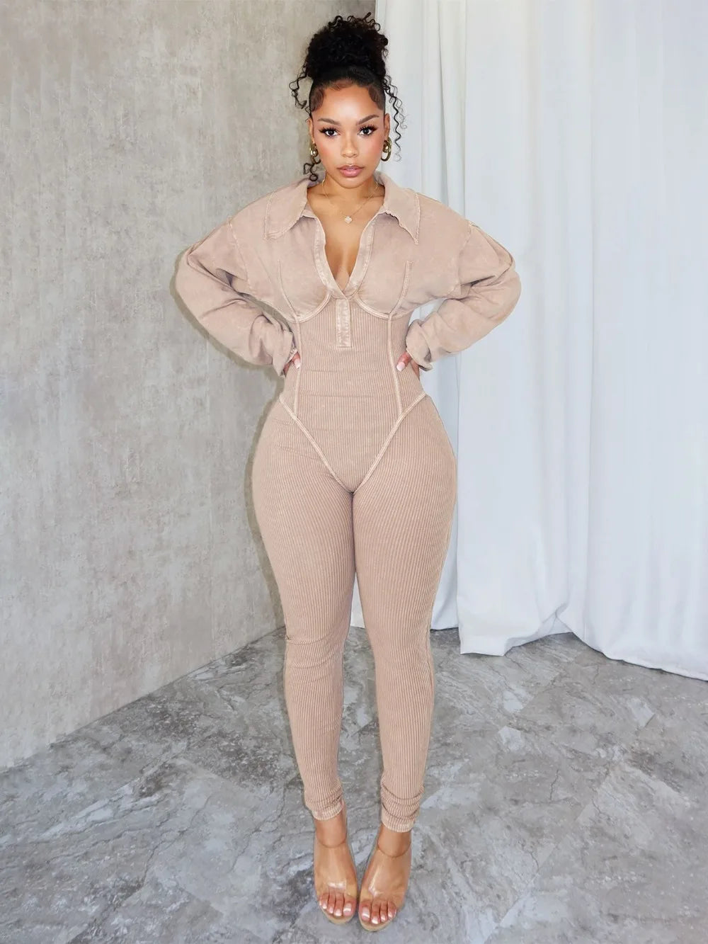 FAGADOER Fashion Solid High Quality Ribber Bodycon Jumpsuits Women V Neck Long Sleeve Slim Playsuits Female Elasticity Overalls