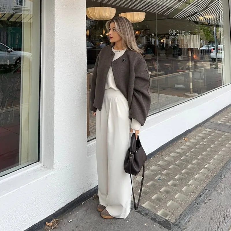 Elegant Solid Woolen Coat For Women O-neck One Button Long Sleeve Loose Jacket 2024 Autumn Lady Fashion Urban Commute Outwears