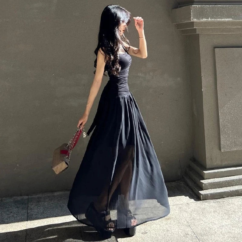 WhereMery Women Summer Party Long Dress Sexy Ruched Bodycon Black Maxi Dresses 2024 Elegant Temperament High-waist Vestidos New