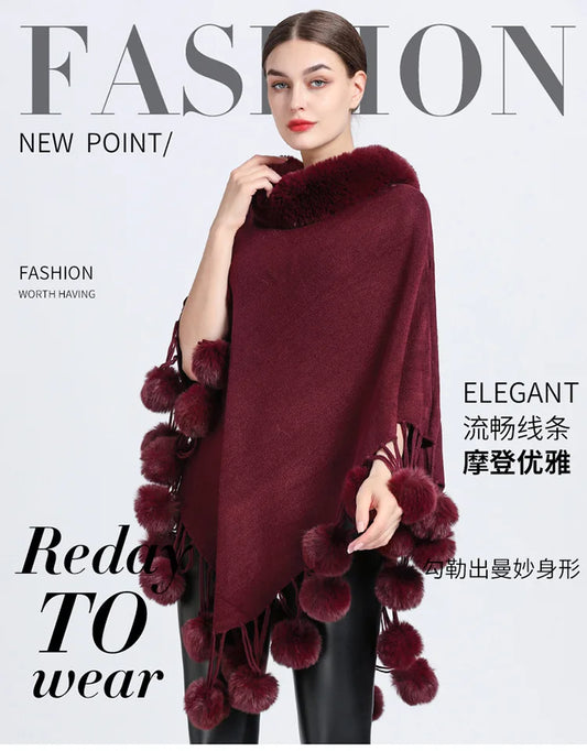 Poncho Scarf Fur Ball Decoration Shawl Faux Fur Collar Women's  Cape Fringed Asymmetric Cover Up Diamond Shawl