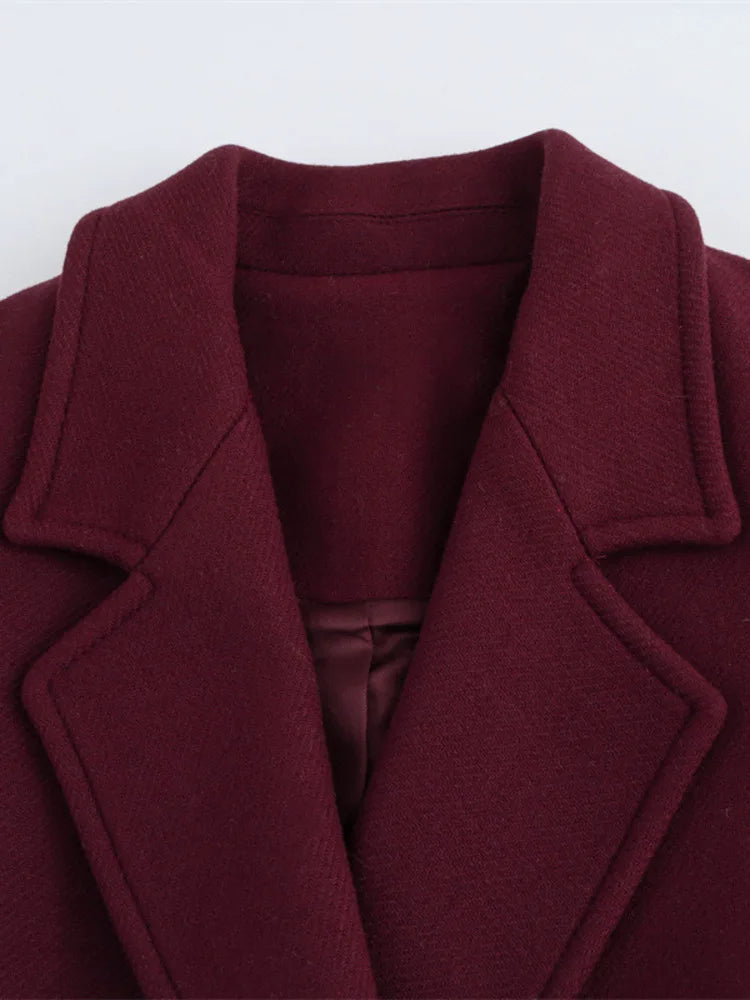 EAM Wine Big Size Casual Woolen Coat New Lapel Long Sleeve Double Breasted Women Jacket Fashion Tide Autumn Winter2024 30A2587