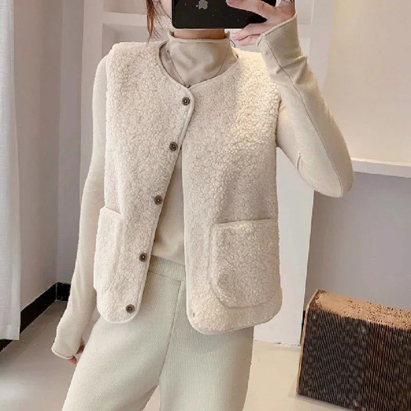 Sleeveless Solid Color Zipper Placket Two Pocket Plush Vest Autumn Winter Thickened Fleece Jacket Vest Women Waistcoat Outerwear