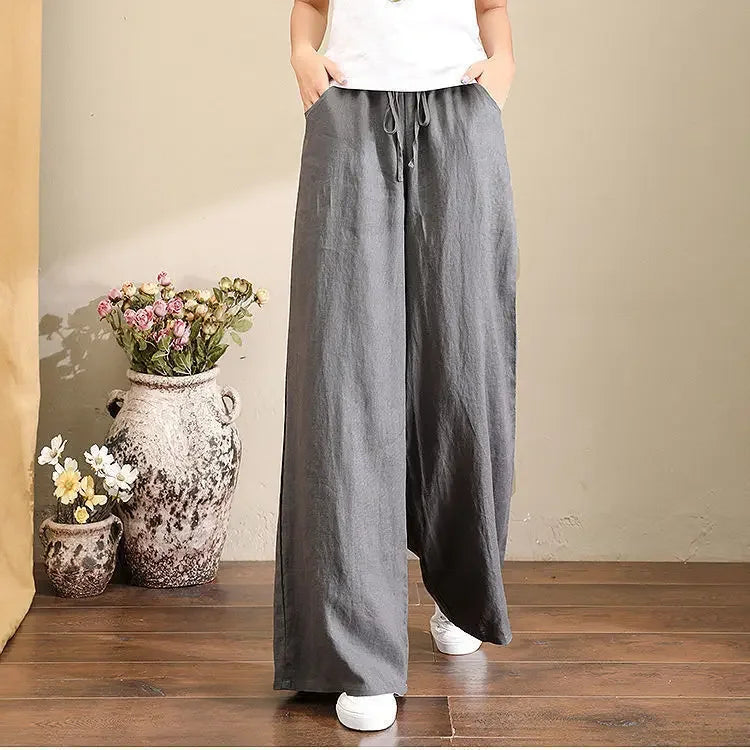 Wide Leg Pure Color Linen Pants For Women High Waist Drawstring Loose Fit Cotton Linen Trousers Plus Size White Long Pants