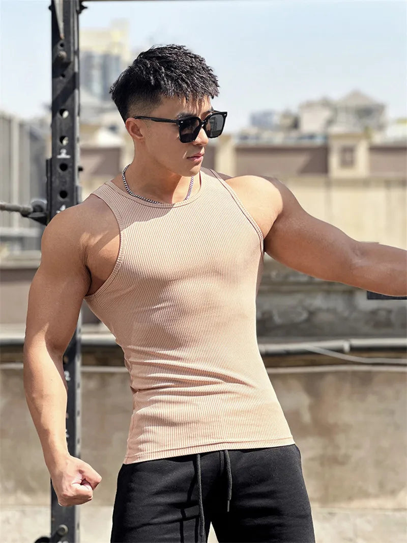 Men's vest Elasticity stripe Round Neck Oversized Sleeveless T-Shirt Gym Sports Fitness Running Training Bodybuilding Tank Top