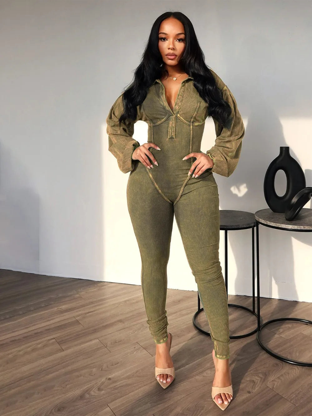 FAGADOER Fashion Solid High Quality Ribber Bodycon Jumpsuits Women V Neck Long Sleeve Slim Playsuits Female Elasticity Overalls