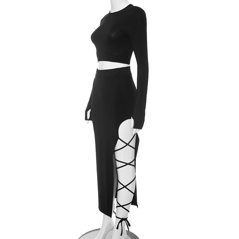 Pullover Long Sleeve Simple Crop Top Elastic Waist Halter High Split Legless Sexy Tie Solid Colour Half Skirt Set