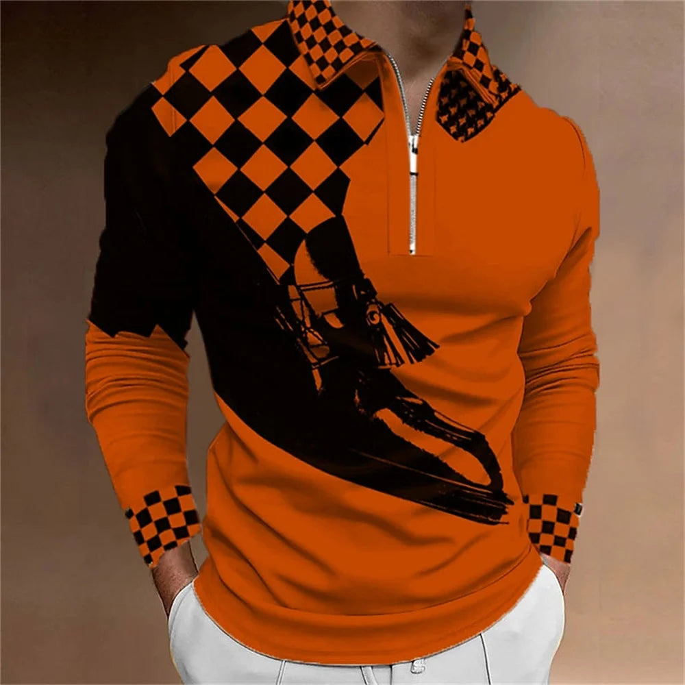 2024 New Fashion Men Long Sleeve Zipper Polo Shhirt , Abstract Appare  Men Casual Large Size Lapel Print Polo Shirt .