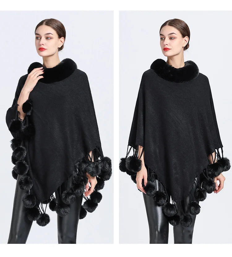 Poncho Scarf Fur Ball Decoration Shawl Faux Fur Collar Women's  Cape Fringed Asymmetric Cover Up Diamond Shawl