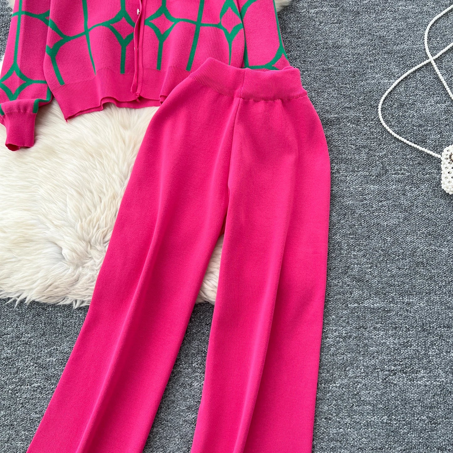 Knitted Two Piece Sets Women Autumn Winter Vintage Long Sleeved Printed Knitted Cardigan Sweater Wide Leg Pants Tracksuits