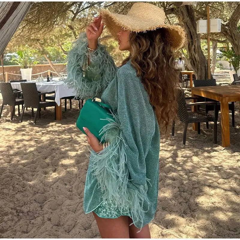 Women Fashion Solid Shiny Feather Patchwork Shirt Chic Stand Collar Single-breasted Loose Tops 2024 Lady Beach Vacation Vestidos