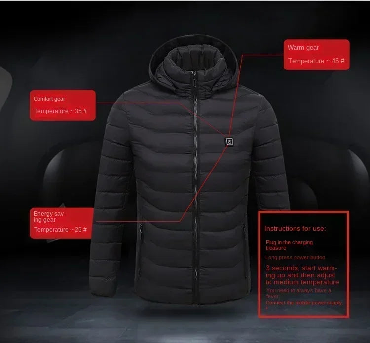 Winter Multi Zone Heating Jacket 2024 New Men's USB Intelligent Heating Waterproof Hooded Top Cold Resistant Warm Cotton Coat