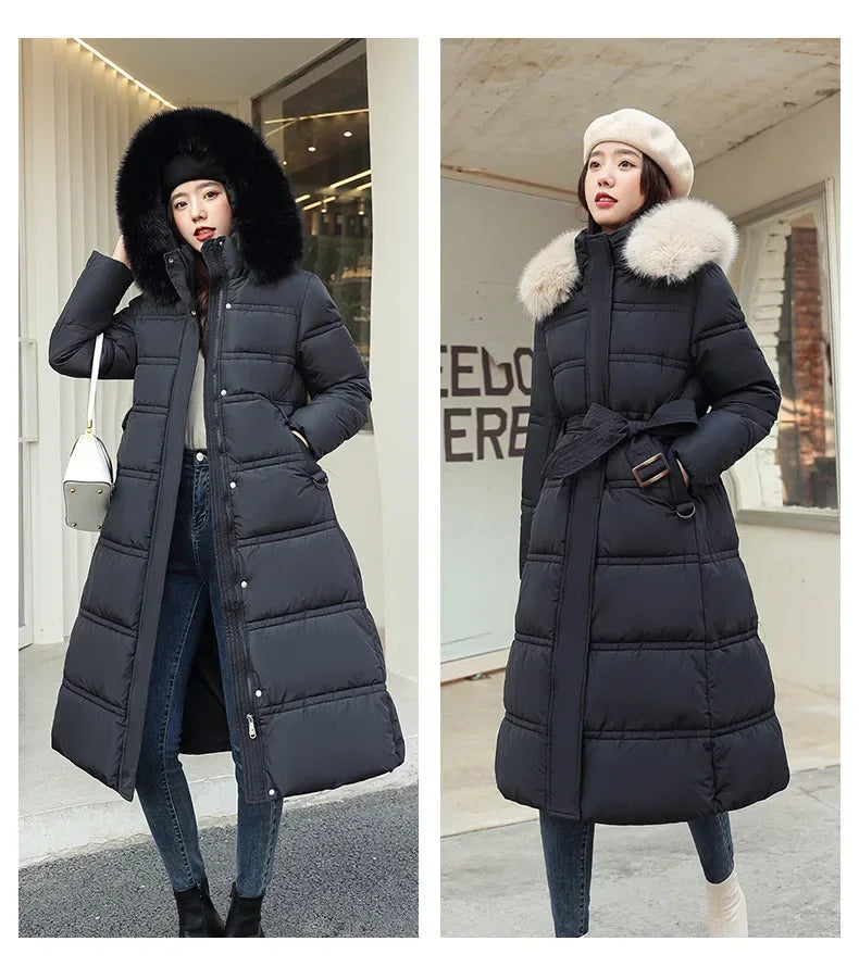 2024 Winter New Down Cotton Parkas Jacket Women's X-Long Faux Fur Collar Padded Jacket Thick Loose Large Size Padded Jacket