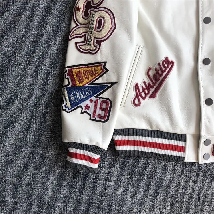 Men's spring and autumn baseball uniform Y2K retro trend leather jacket heavy industry embroidery white short coat ins hot sale