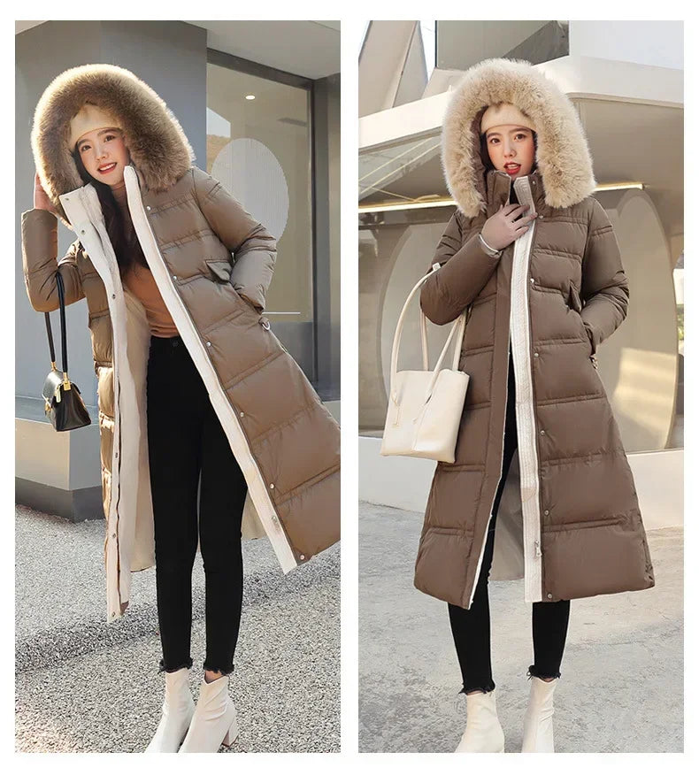 2024 Winter New Down Cotton Parkas Jacket Women's X-Long Faux Fur Collar Padded Jacket Thick Loose Large Size Padded Jacket