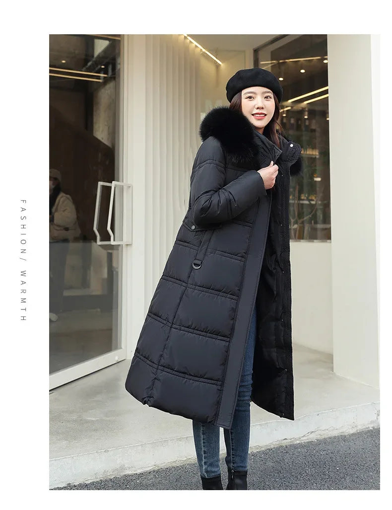 2024 Winter New Down Cotton Parkas Jacket Women's X-Long Faux Fur Collar Padded Jacket Thick Loose Large Size Padded Jacket