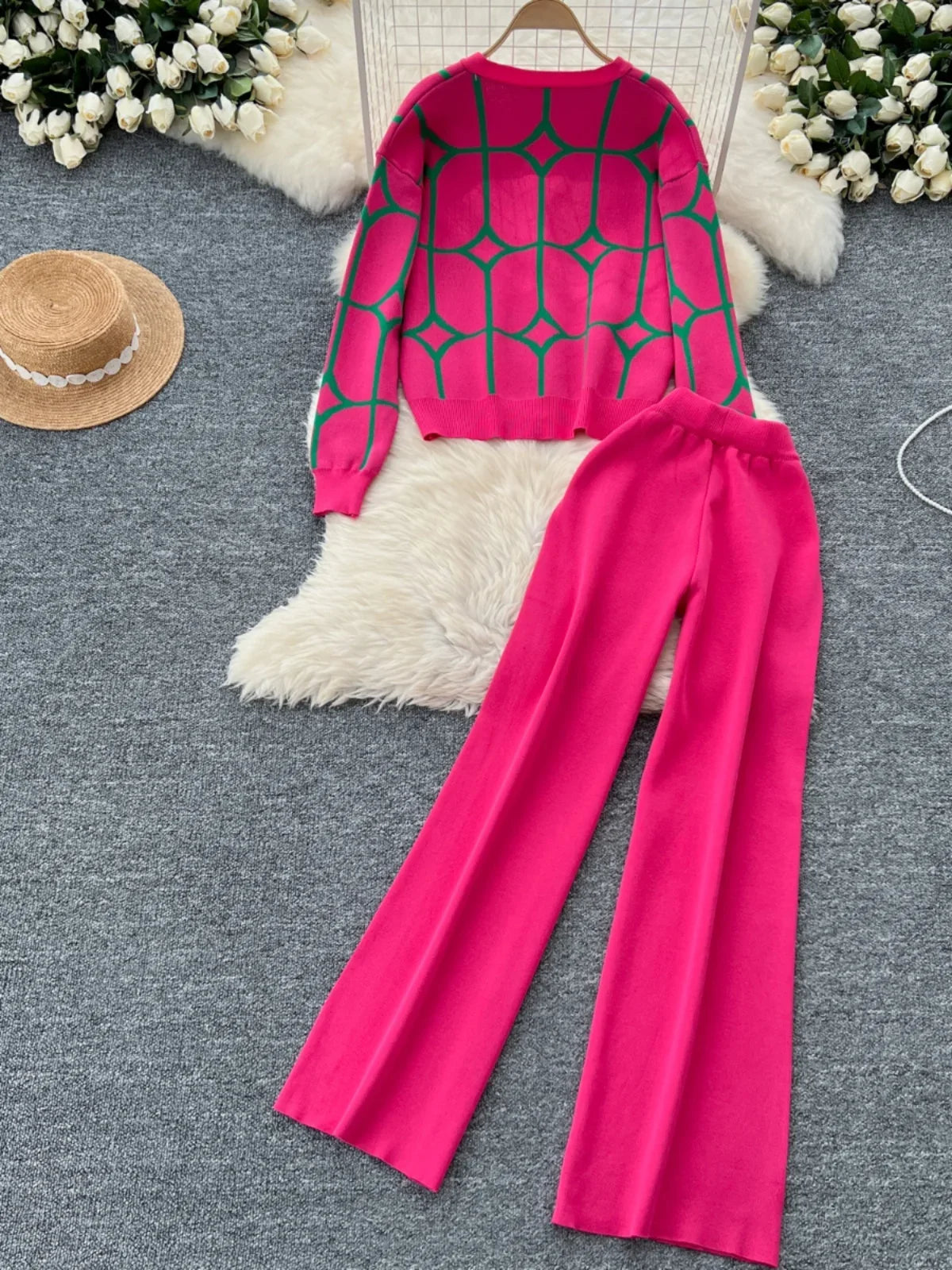 Knitted Two Piece Sets Women Autumn Winter Vintage Long Sleeved Printed Knitted Cardigan Sweater Wide Leg Pants Tracksuits