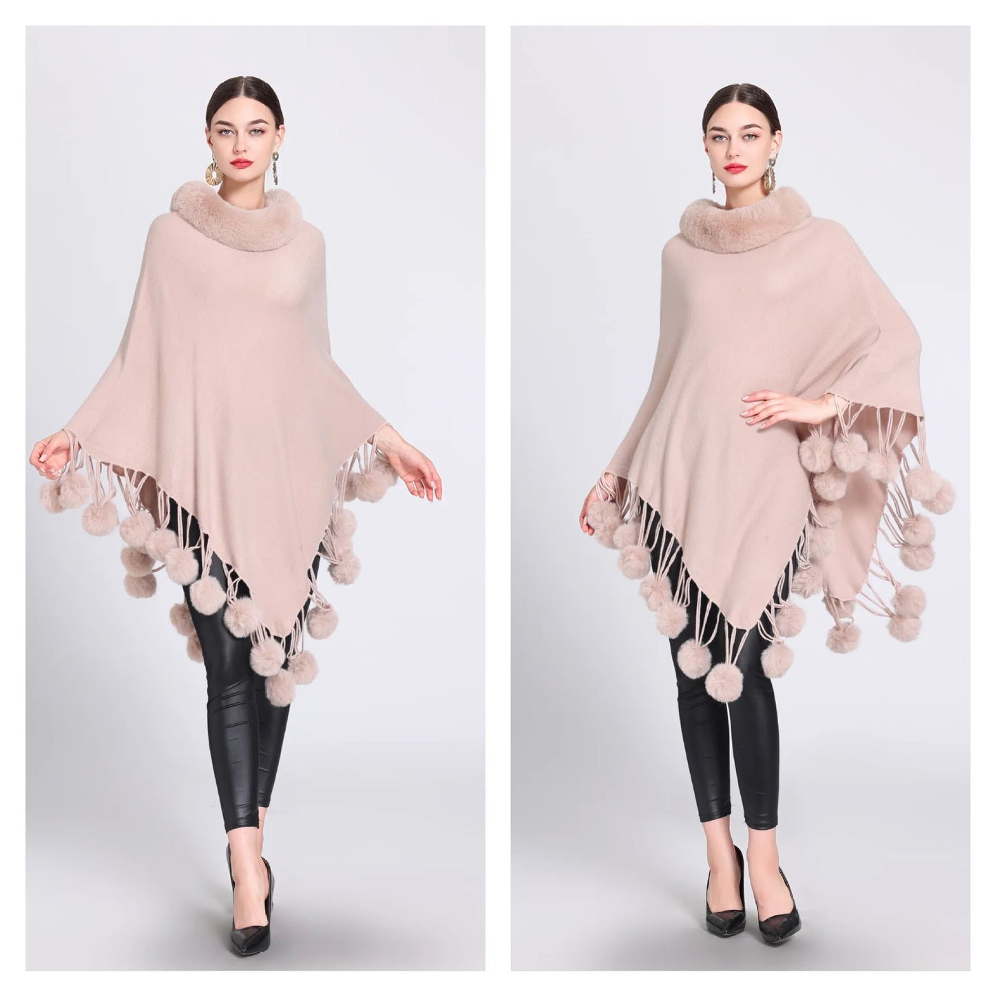 Poncho Scarf Fur Ball Decoration Shawl Faux Fur Collar Women's  Cape Fringed Asymmetric Cover Up Diamond Shawl