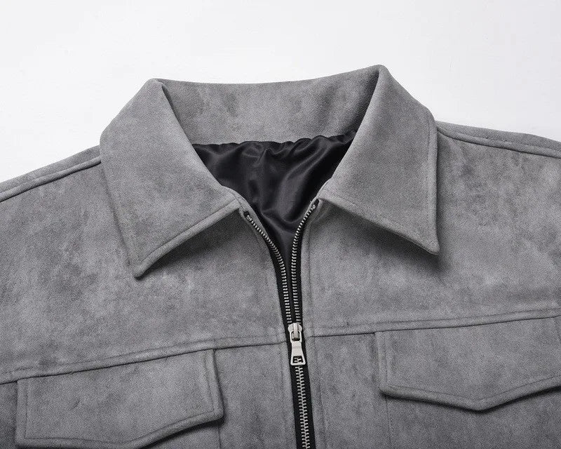 Vintage High Street Suede Material Crock Jacket With Zipper Lapel Casual Short Jacket For Men