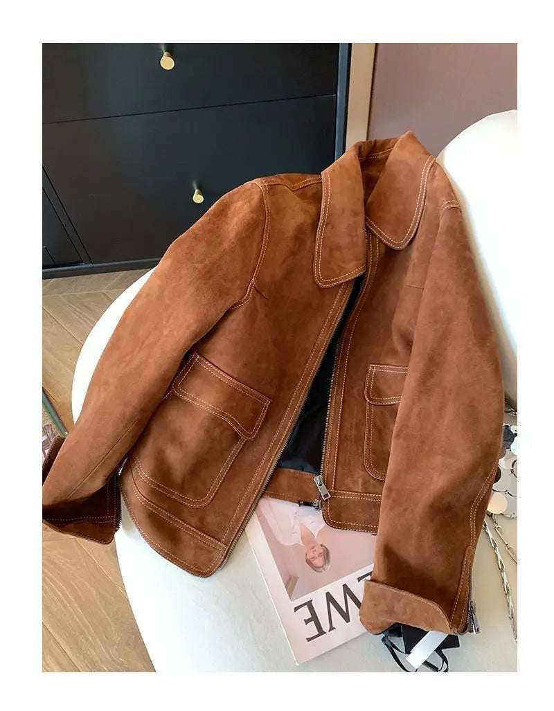 Autumn New Women's Collar Brown Pocket Jacket Coat