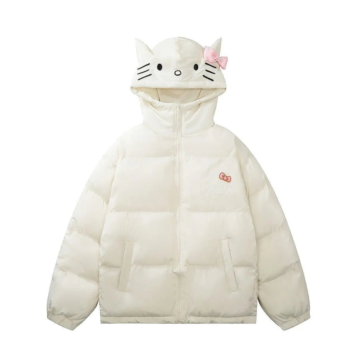 American Hello Kitty Cute Cartoon Embroidered Hooded Down Coat Y2k Sweet Zipper Cotton Jacket Women's Casual Versatile Clothes