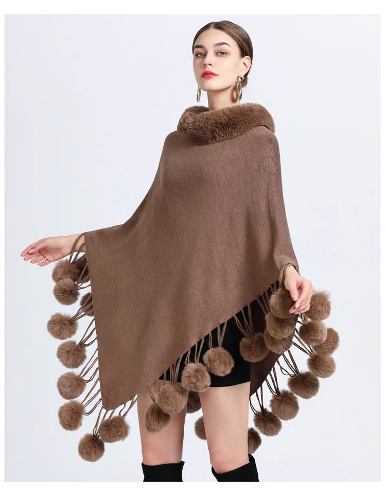 Poncho Scarf Fur Ball Decoration Shawl Faux Fur Collar Women's  Cape Fringed Asymmetric Cover Up Diamond Shawl