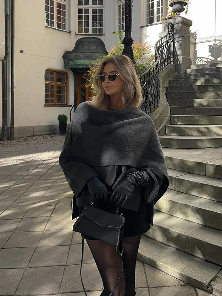 2024 New Fashion Scarf Collar Woolen Jackets For Women Elegant Long Sleeved Side Split Casual Coats Female Chic Autumn Overcoats