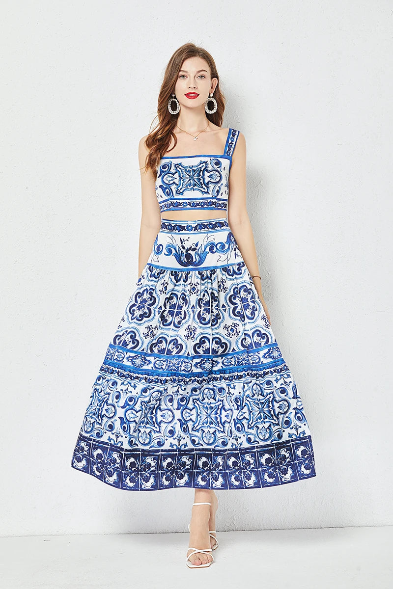 Summer Runway Blue And White Porcelain Two Piece Set Women Flower Print Short Crop Top + Holiday Beach Maxi Skirt Suits