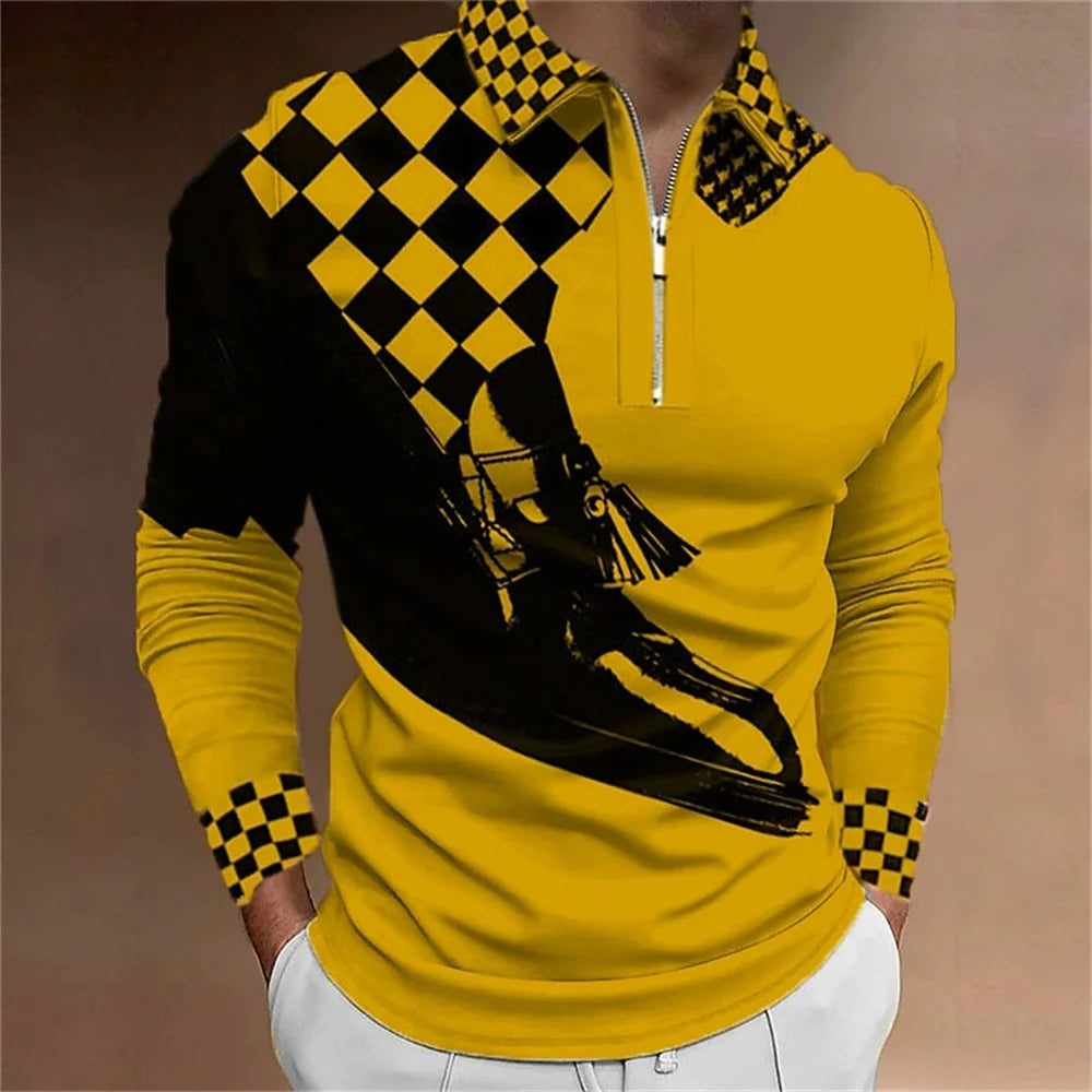 2024 New Fashion Men Long Sleeve Zipper Polo Shhirt , Abstract Appare  Men Casual Large Size Lapel Print Polo Shirt .