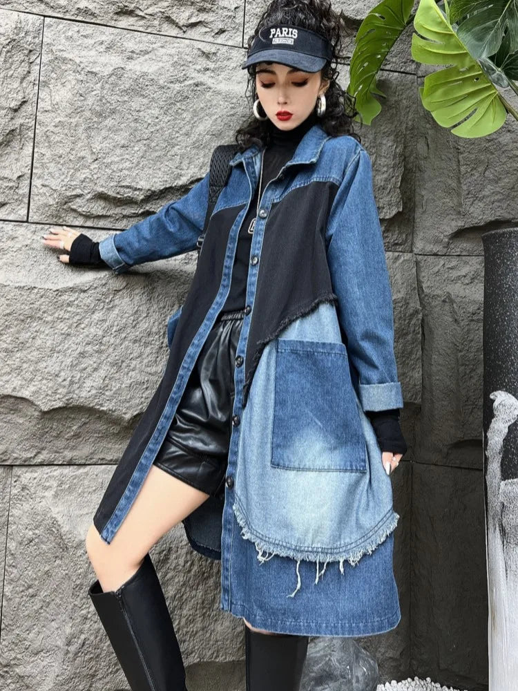 Oversized Denim Autumn Midi Trench Coat Women Fringe Fashion Patchwork Pleated Ladies Windbreaks Casual Loose Woman Trench 2023