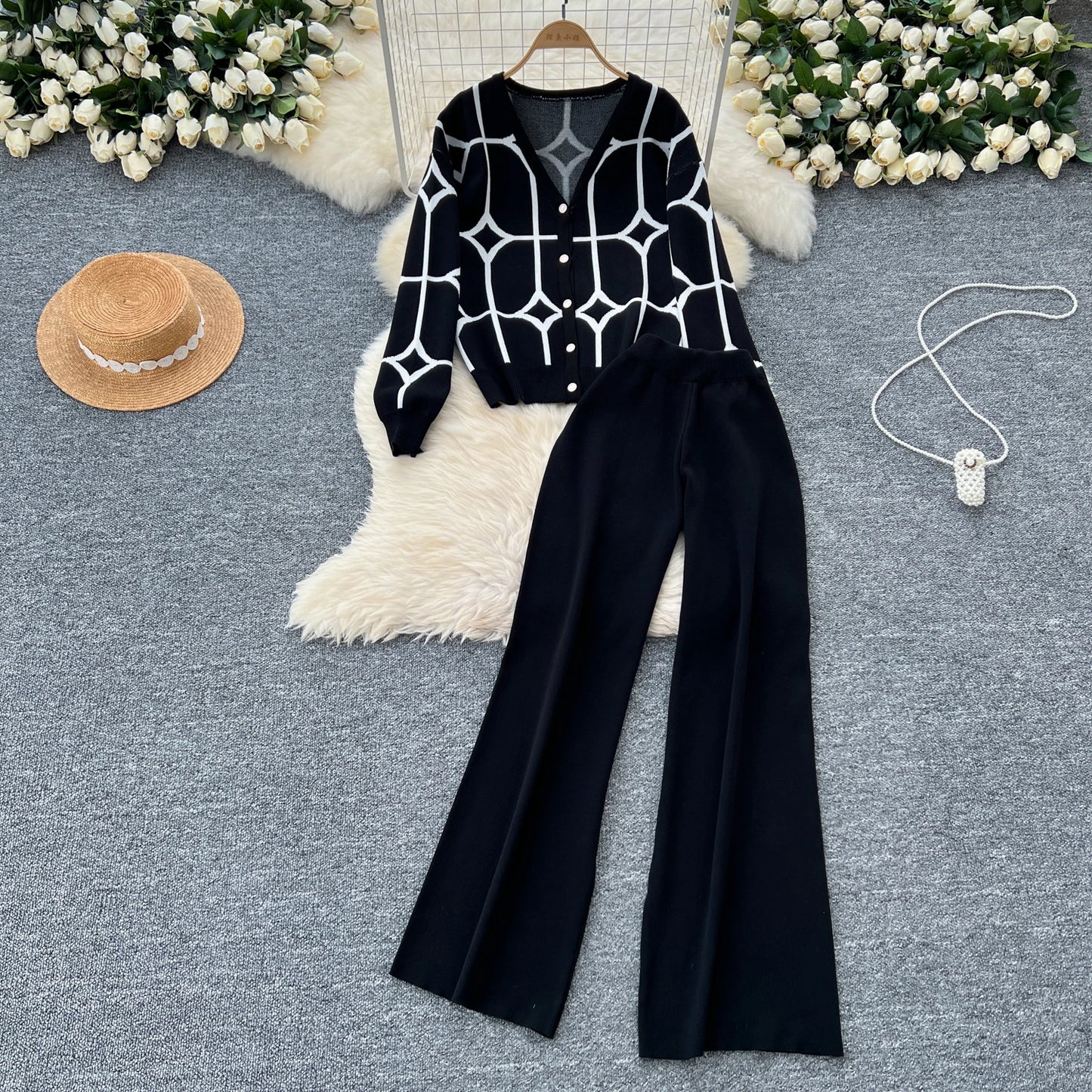 Knitted Two Piece Sets Women Autumn Winter Vintage Long Sleeved Printed Knitted Cardigan Sweater Wide Leg Pants Tracksuits