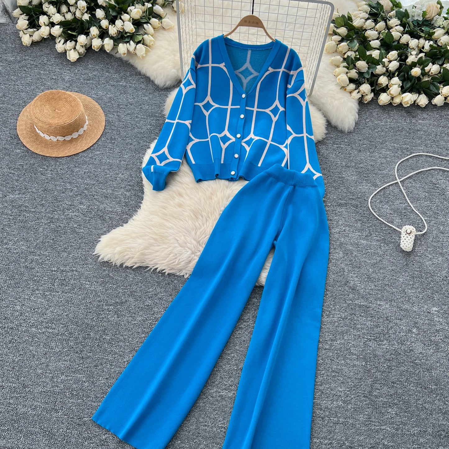 Knitted Two Piece Sets Women Autumn Winter Vintage Long Sleeved Printed Knitted Cardigan Sweater Wide Leg Pants Tracksuits