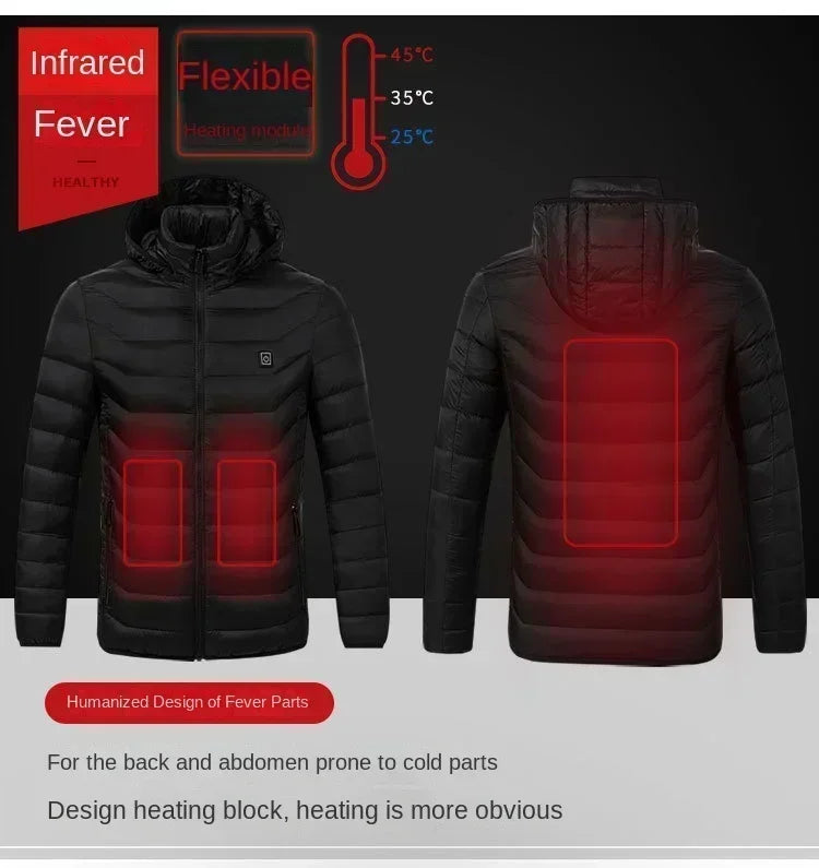 Winter Multi Zone Heating Jacket 2024 New Men's USB Intelligent Heating Waterproof Hooded Top Cold Resistant Warm Cotton Coat