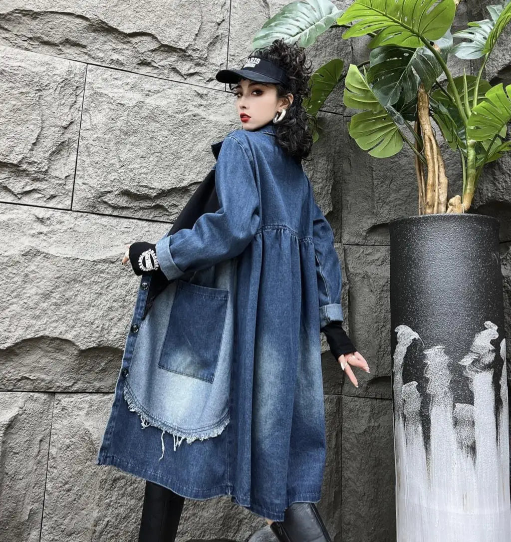 Oversized Denim Autumn Midi Trench Coat Women Fringe Fashion Patchwork Pleated Ladies Windbreaks Casual Loose Woman Trench 2023