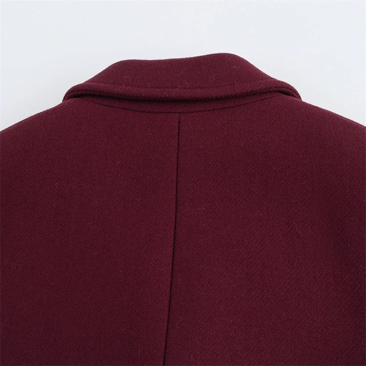 EAM Wine Big Size Casual Woolen Coat New Lapel Long Sleeve Double Breasted Women Jacket Fashion Tide Autumn Winter2024 30A2587