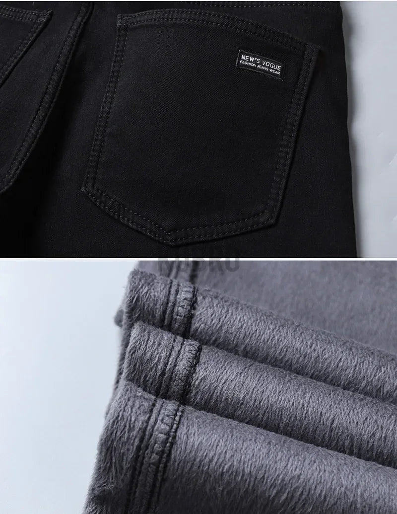 2024 Winter New Casual Men's Warm Fleece Jeans Classic Style Business Thicken Fur Regular Fit Denim Pants Brand Plush Trousers