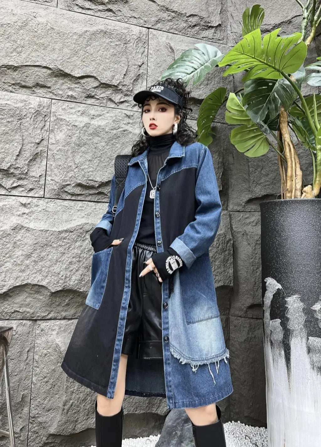 Oversized Denim Autumn Midi Trench Coat Women Fringe Fashion Patchwork Pleated Ladies Windbreaks Casual Loose Woman Trench 2023