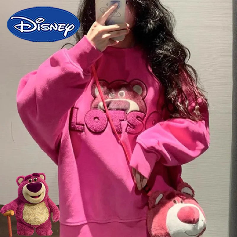 Disney Lotso Sweatshirts Y2K Cartoon Fashion Woman's Casual Printed Hooded Sweatshirt Autumn Winter Warm Loose Outdoor Tops Gift