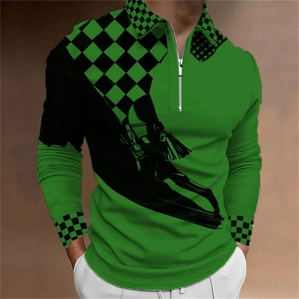 2024 New Fashion Men Long Sleeve Zipper Polo Shhirt , Abstract Appare  Men Casual Large Size Lapel Print Polo Shirt .